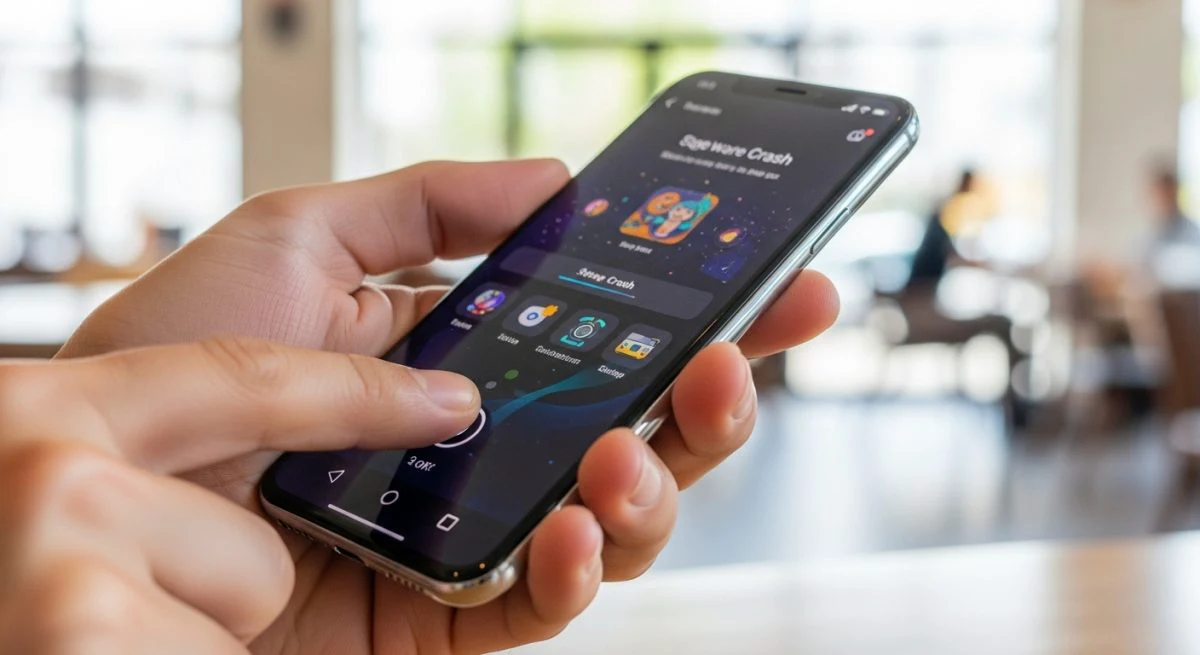 Mano sosteniendo un smartphone moderno con pantalla congelada