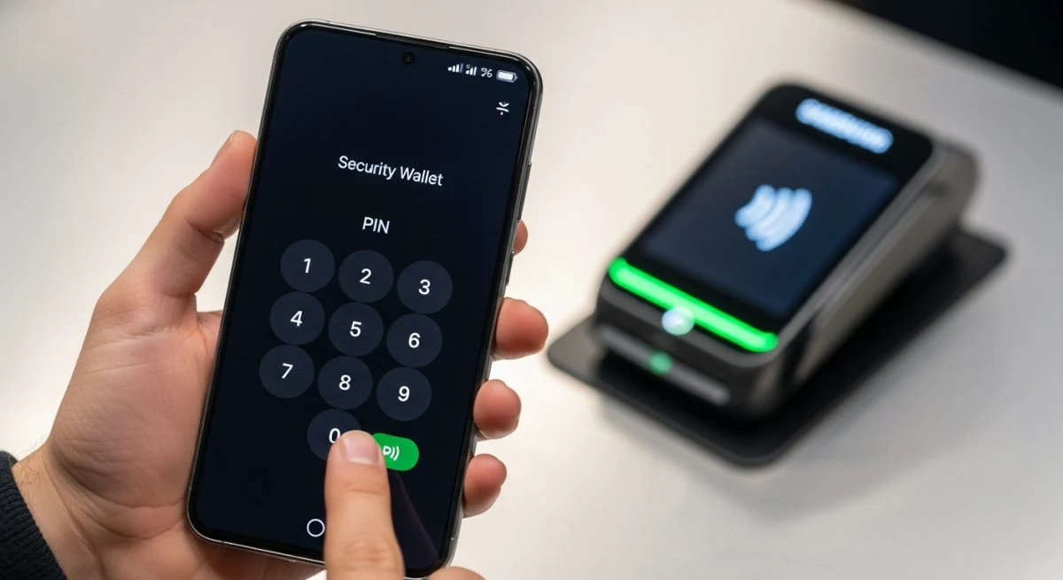 Mano sosteniendo un smartphone Samsung Galaxy en pago con Samsung Wallet