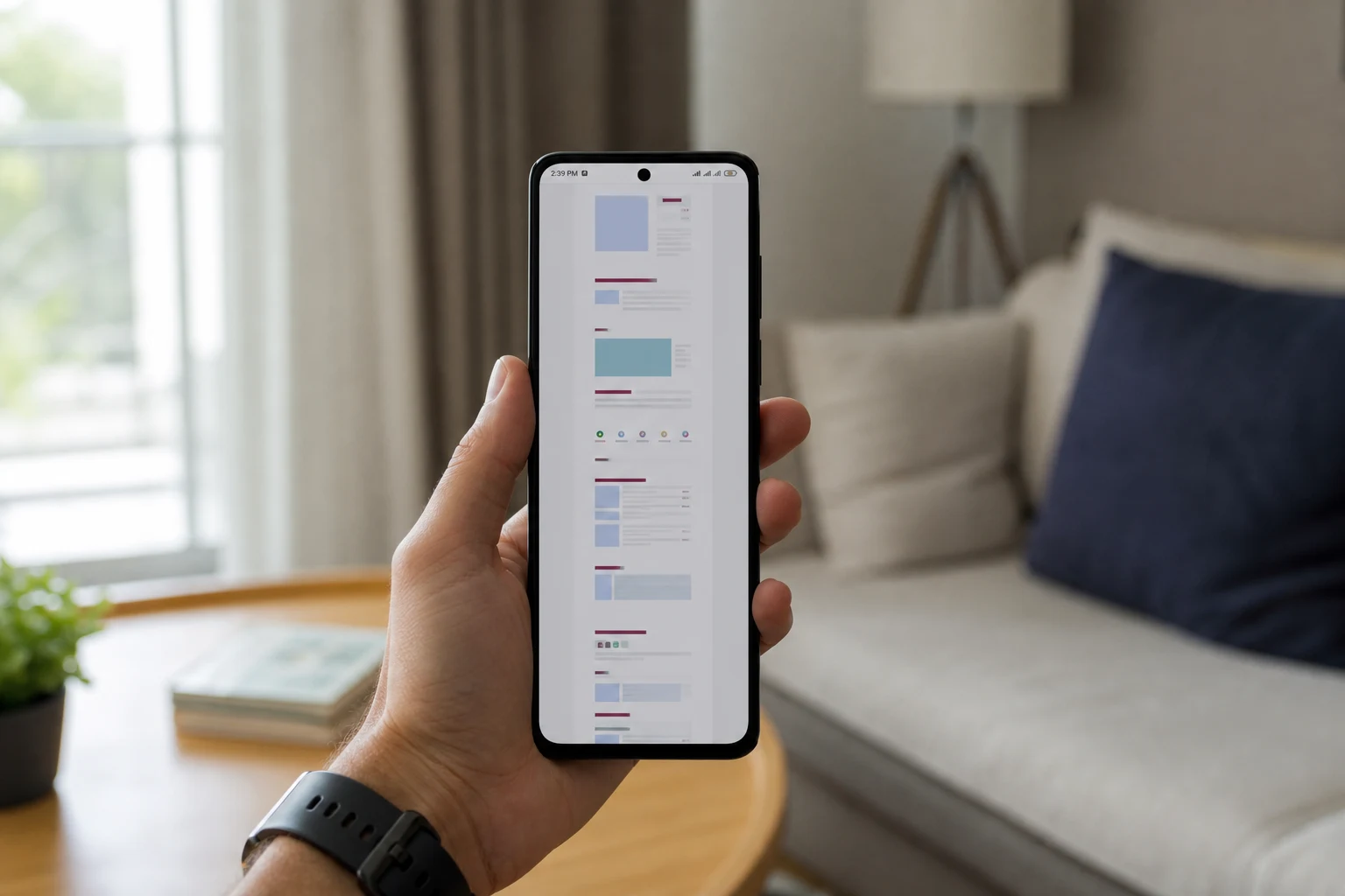 Mano sosteniendo un teléfono Xiaomi mostrando captura larga de web