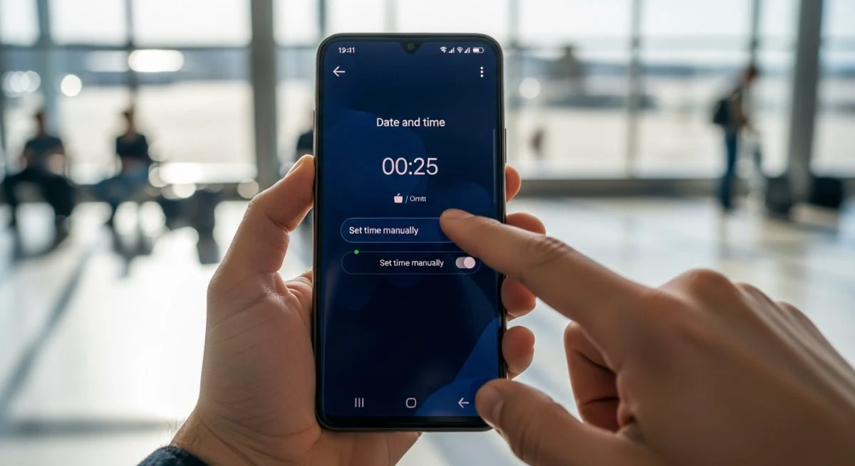 Manos ajustando hora en smartphone Samsung moderno en aeropuerto