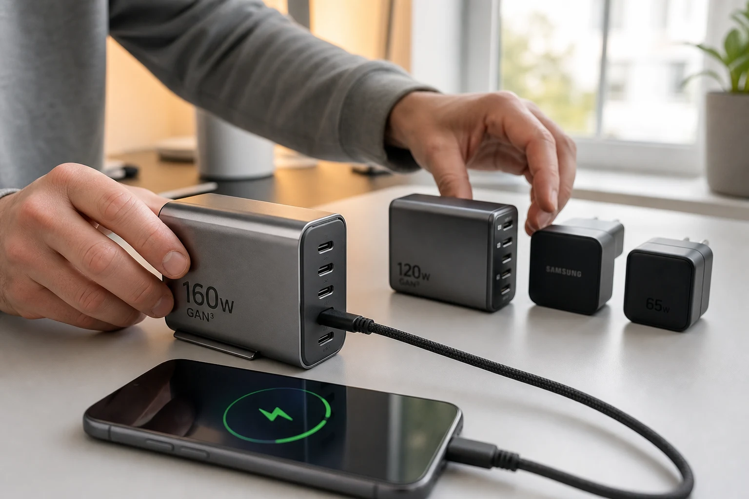 Manos colocando cargadores USB C GaN 160W 120W Samsung logo