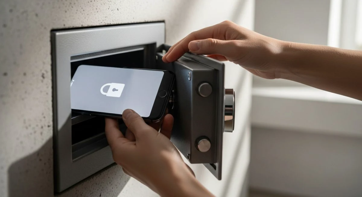 Manos colocando un smartphone en una caja fuerte moderna