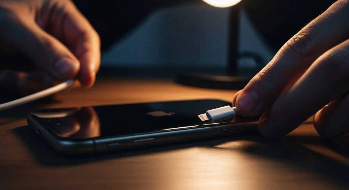 Manos conectando un cable de carga oficial de Apple a iPhone
