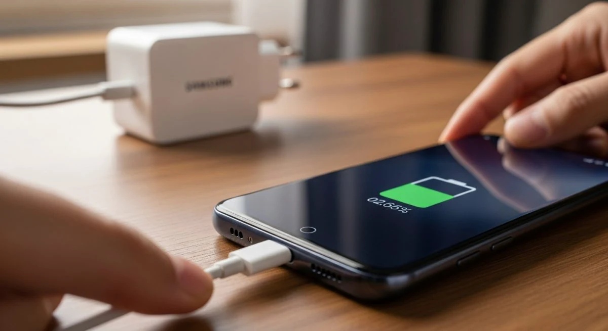 Manos conectando USB-C al Samsung Galaxy A15 en escritorio