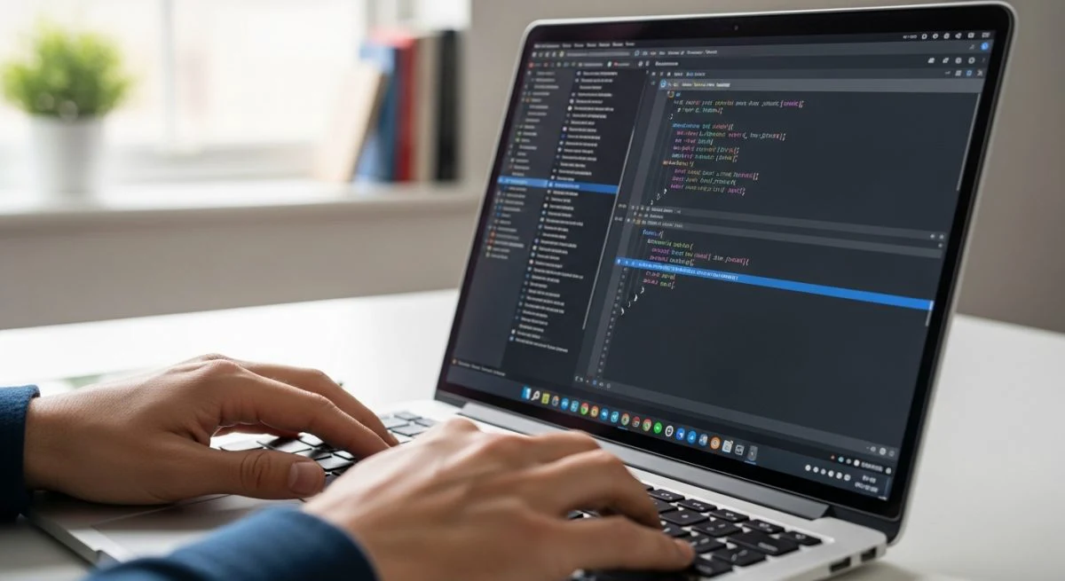 Manos de desarrollador escribiendo en laptop con Android Studio