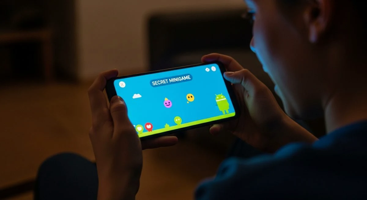 Manos de joven sosteniendo un smartphone Android con minijuego colorido