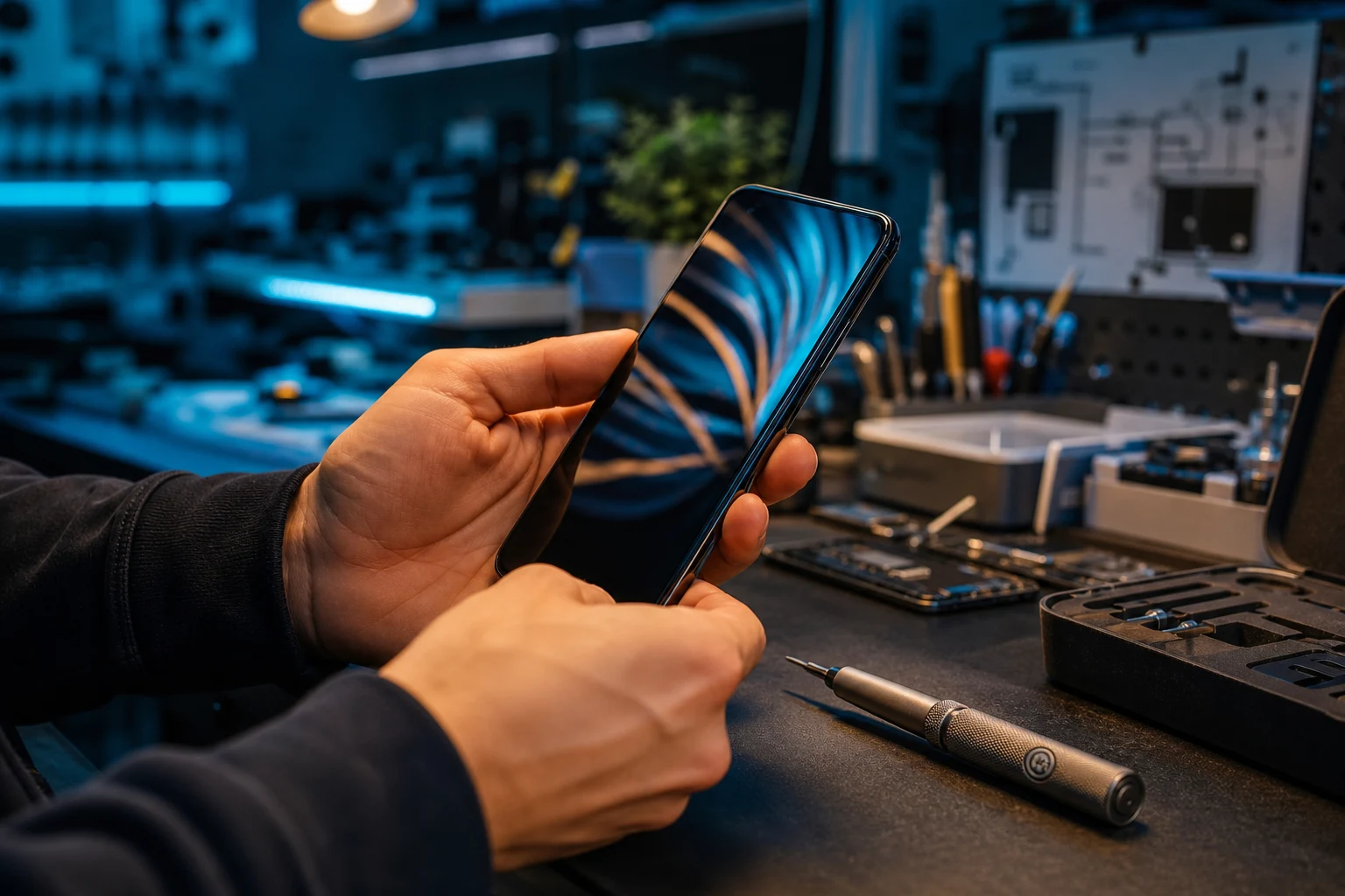 Manos de técnico sosteniendo smartphone en reparación con logo circular