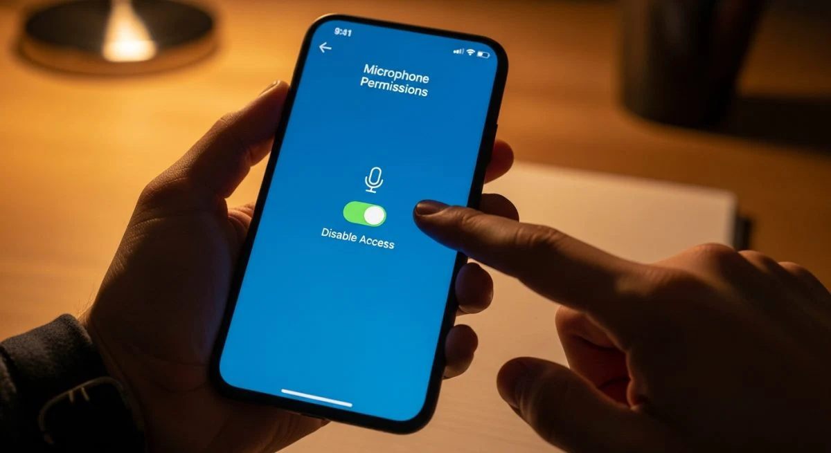 Manos desactivando acceso al micrófono en un smartphone moderno