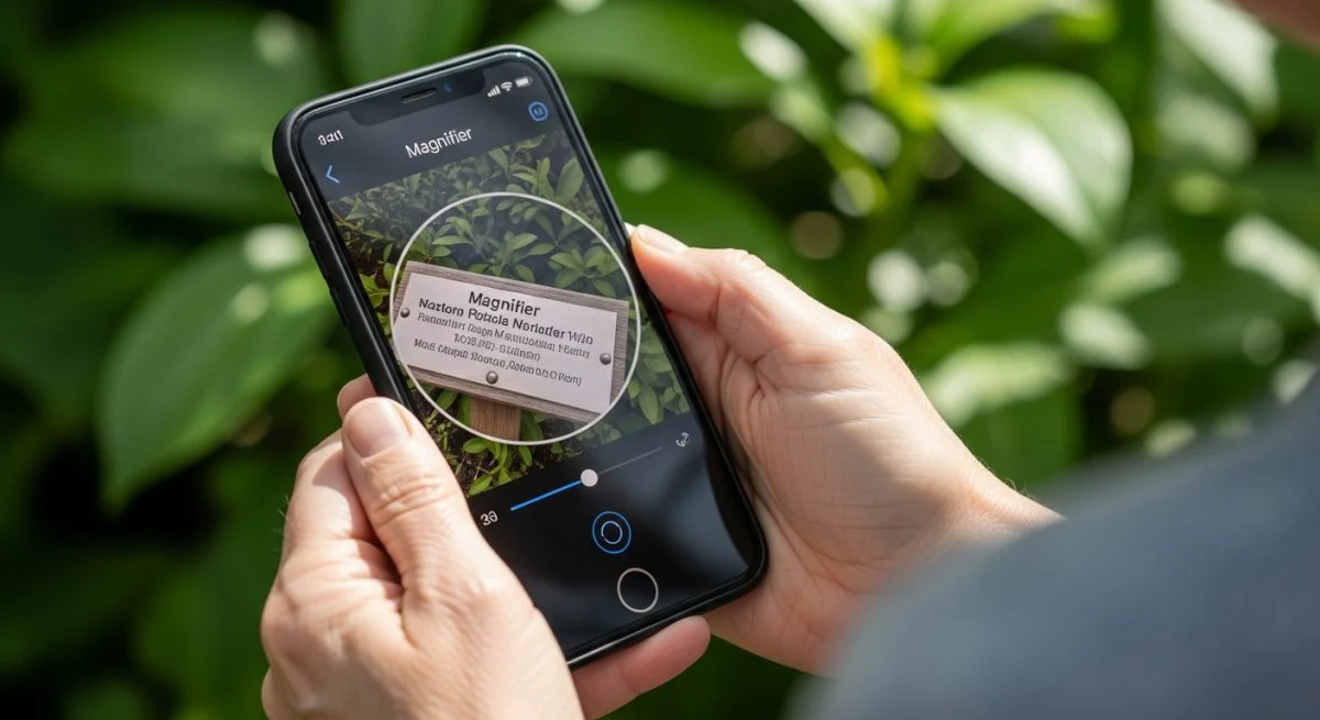 Manos mayores usando iPhone con función Magnifier de Apple