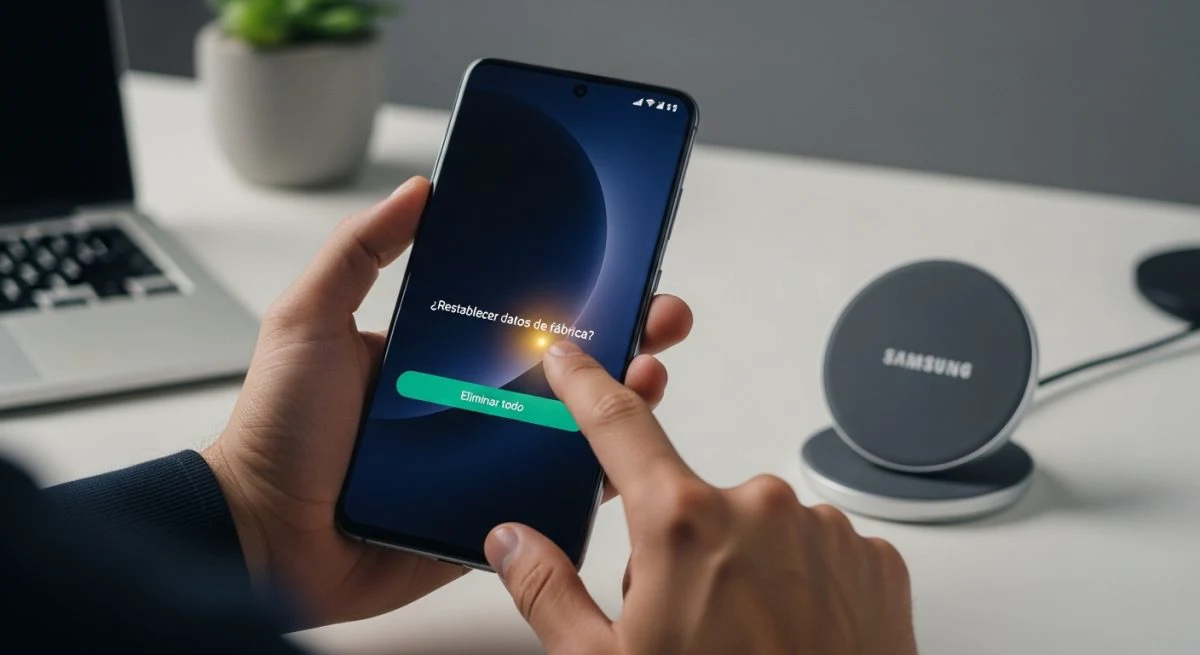 Manos preparando restablecimiento de fábrica en smartphone Samsung moderno