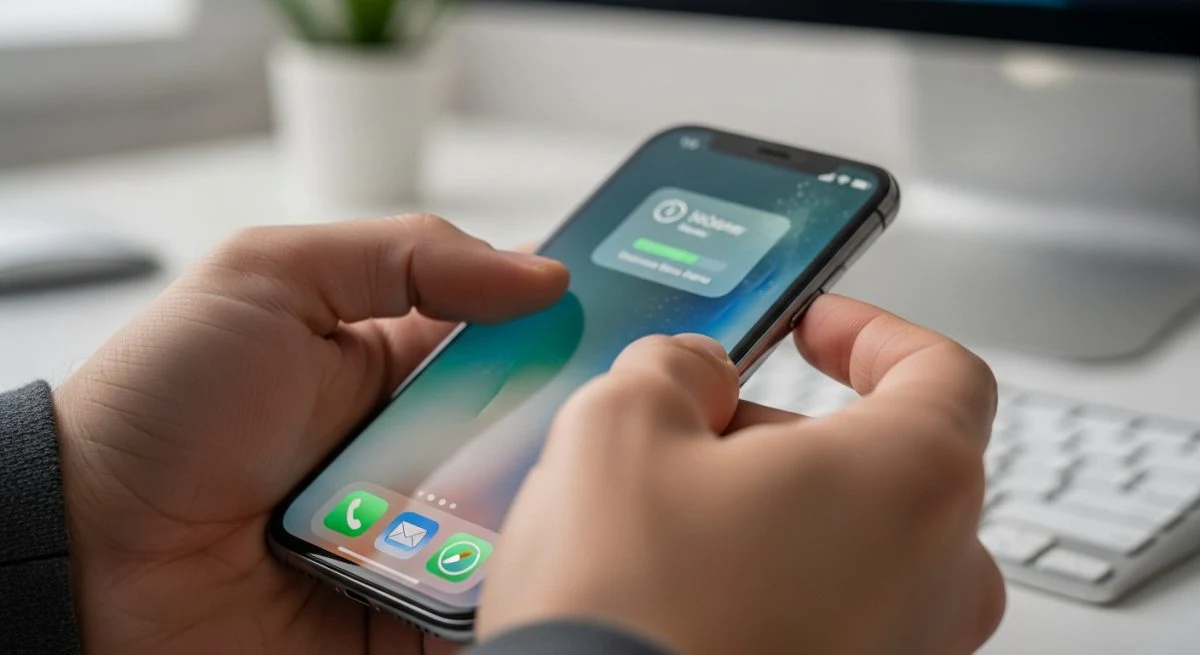 Manos presionando botones de iPhone moderno congelado