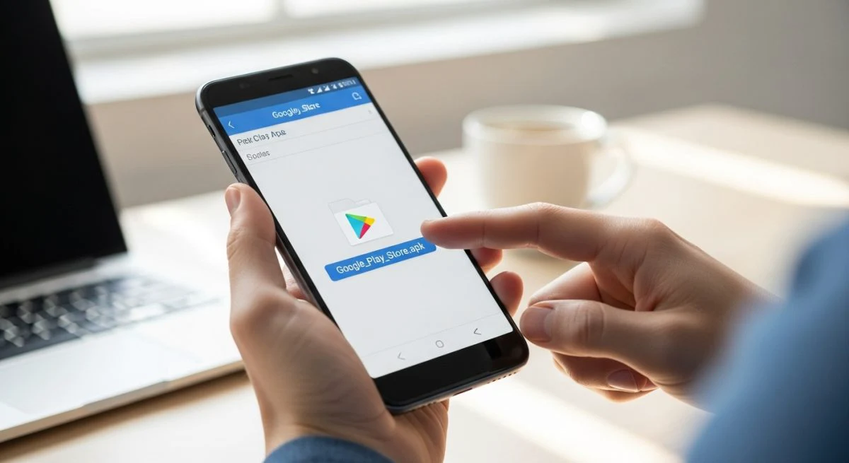 Manos sosteniendo Android con Google Play Store apk destacado en pantalla