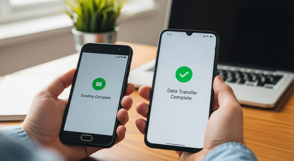Manos sosteniendo dos smartphones Android sobre mesa de madera