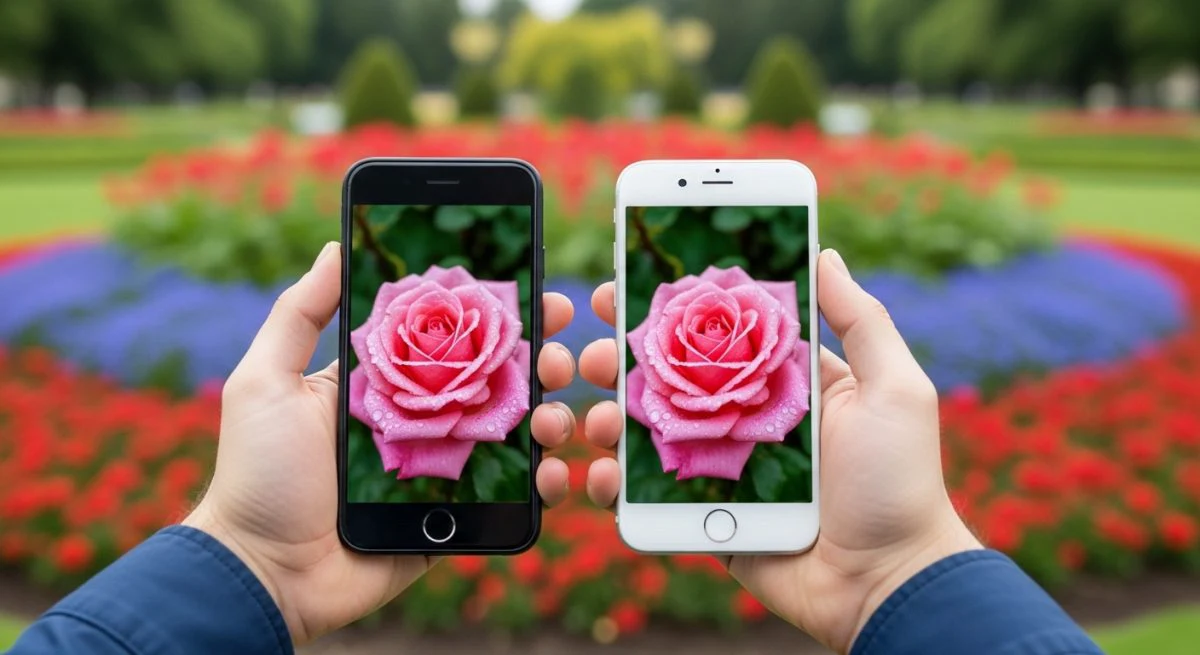 Manos sosteniendo dos smartphones en un parque soleado