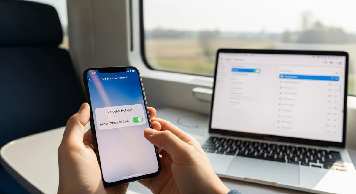 Manos sosteniendo iPhone con punto de acceso activado en tren