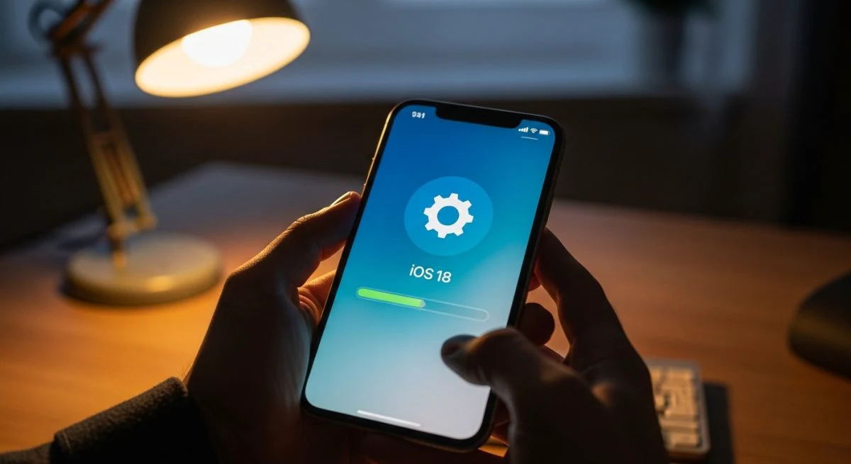 Manos sosteniendo iPhone mostrando actualización de software iOS 18