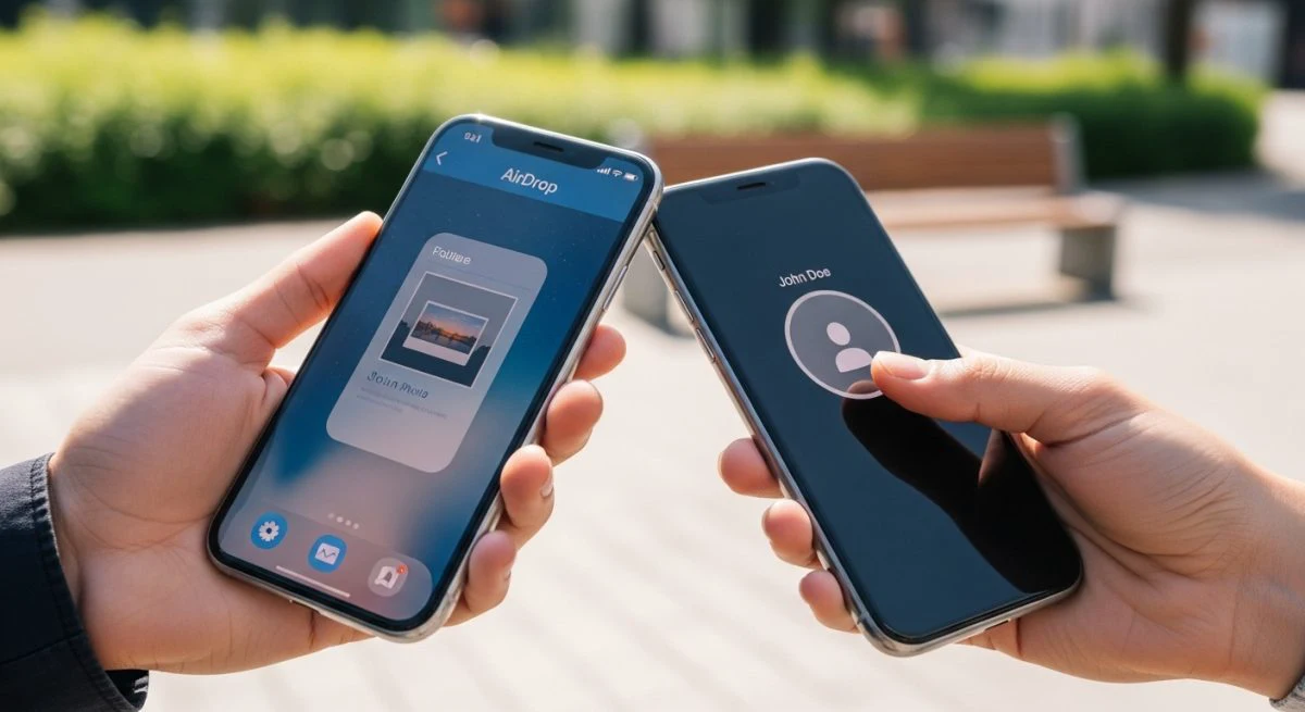 Manos sosteniendo iPhones realizando una transferencia de AirDrop