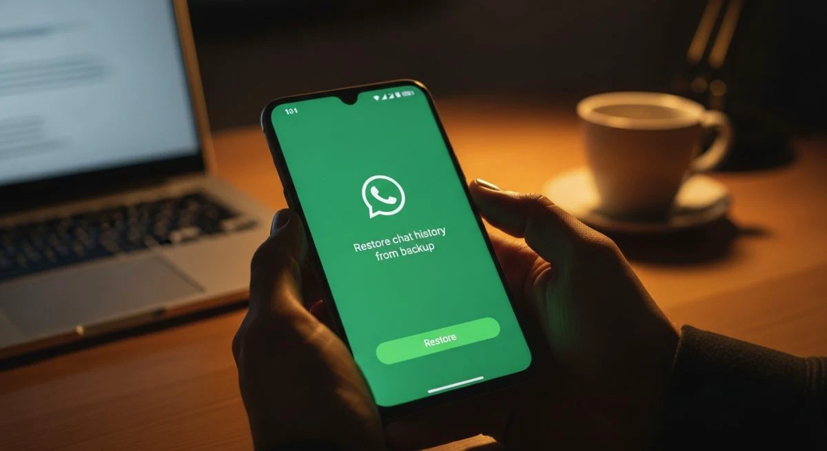 Manos sosteniendo smartphone Android mostrando pantalla de restauración WhatsApp