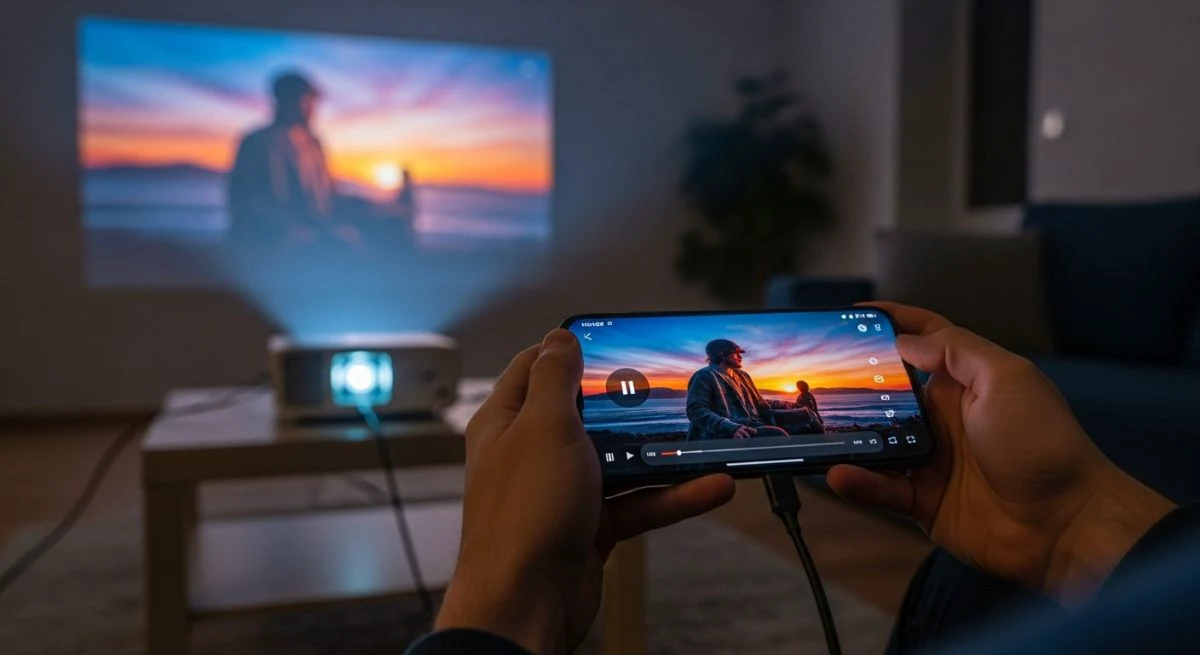 Manos sosteniendo smartphone conectado por cable USB-C a HDMI a proyector