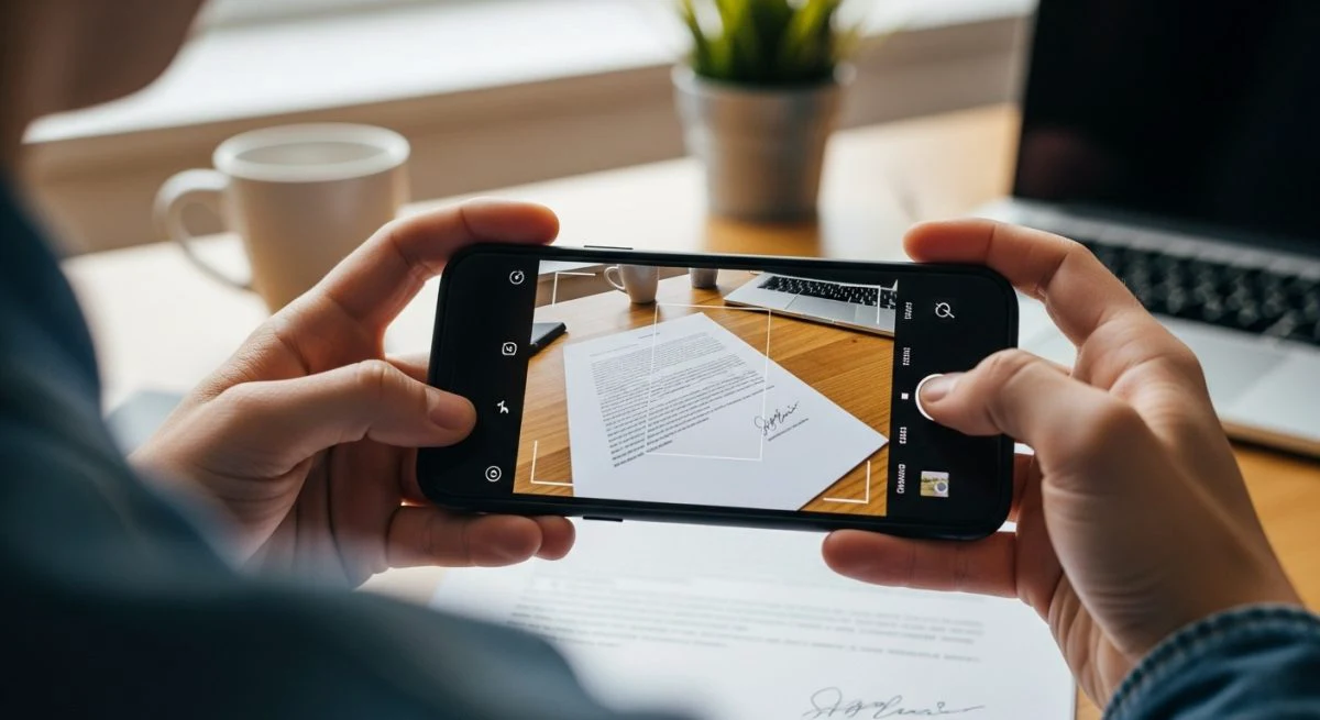 Manos sosteniendo smartphone escaneando documento en escritorio de oficina