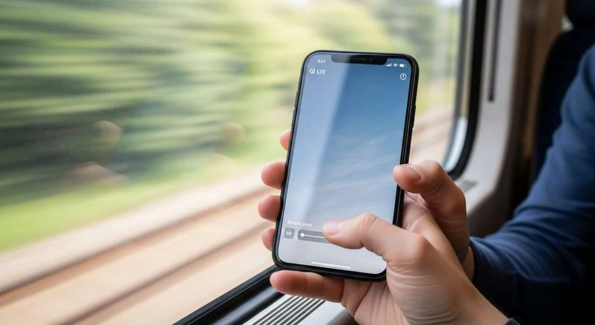 Manos sosteniendo smartphone moderno en tren con señal LTE visible