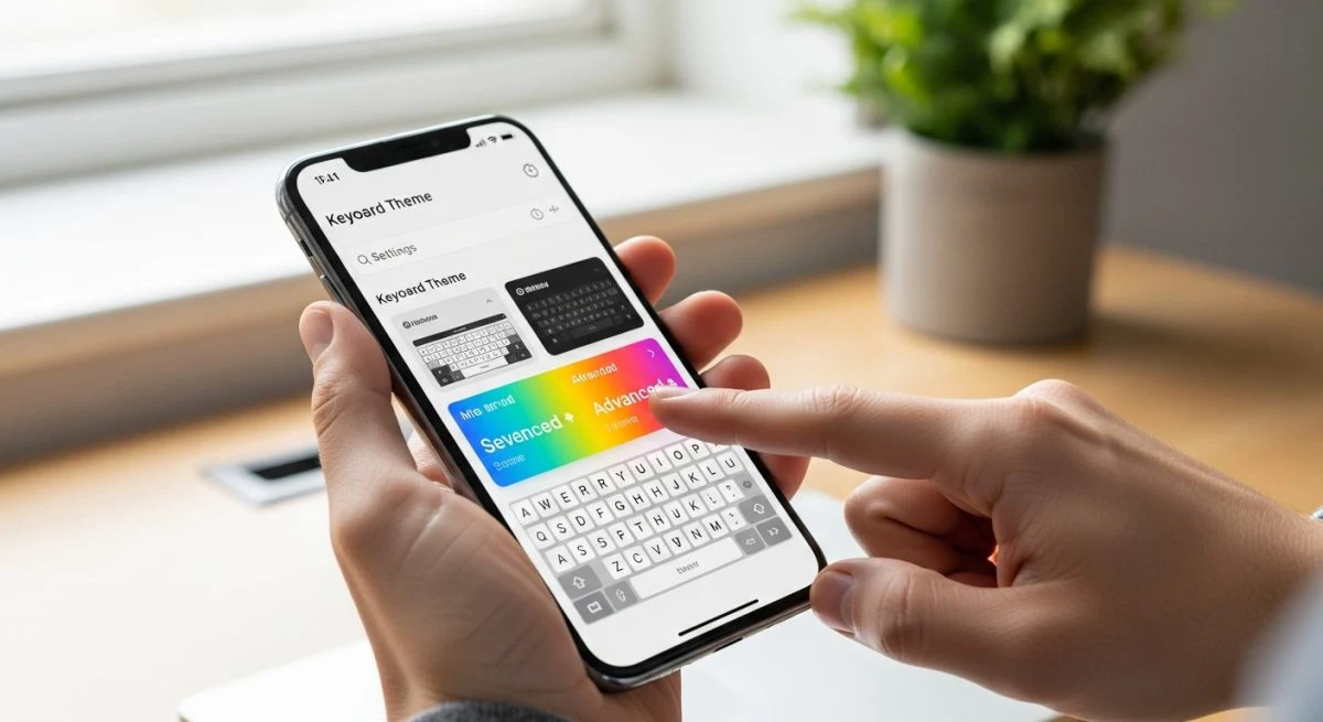 Manos sosteniendo smartphone mostrando menú de configuración de teclado opciones