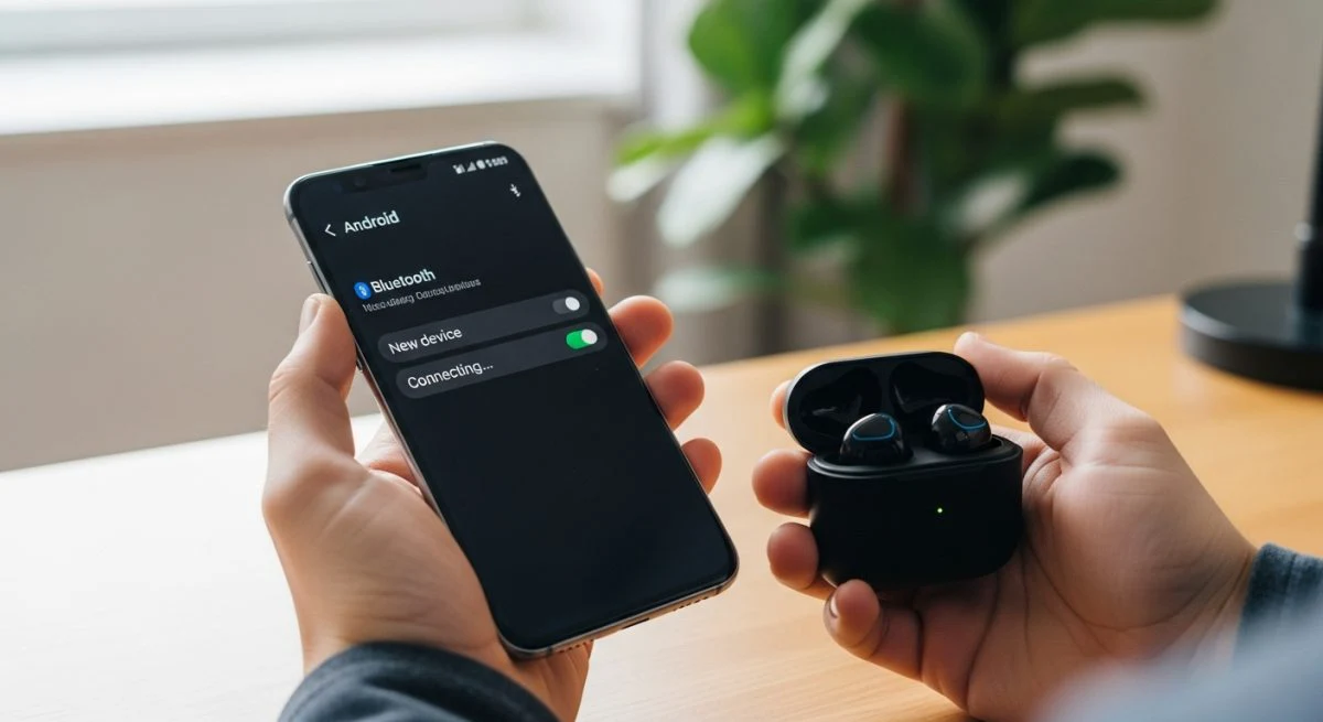 Manos sosteniendo smartphone Samsung con auriculares Bluetooth premium