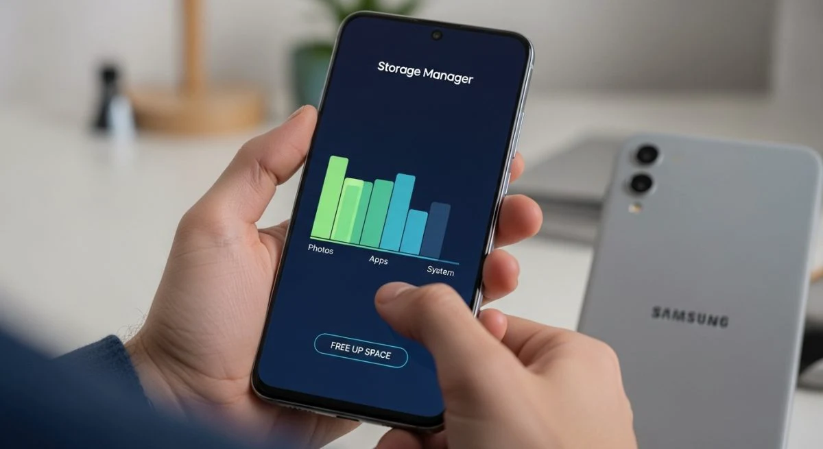 Manos sosteniendo smartphone Samsung con interfaz de almacenamiento llena