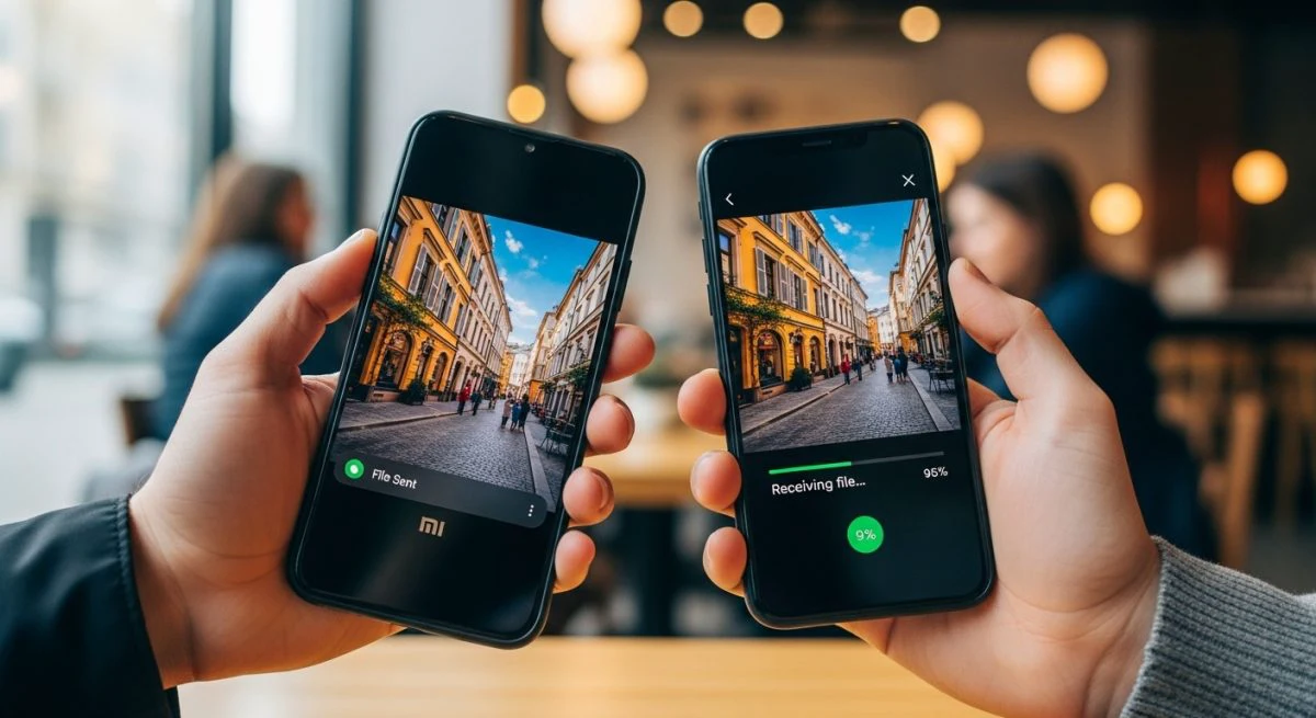 Manos sosteniendo smartphones Xiaomi transfiriendo archivo en moderna cafetería