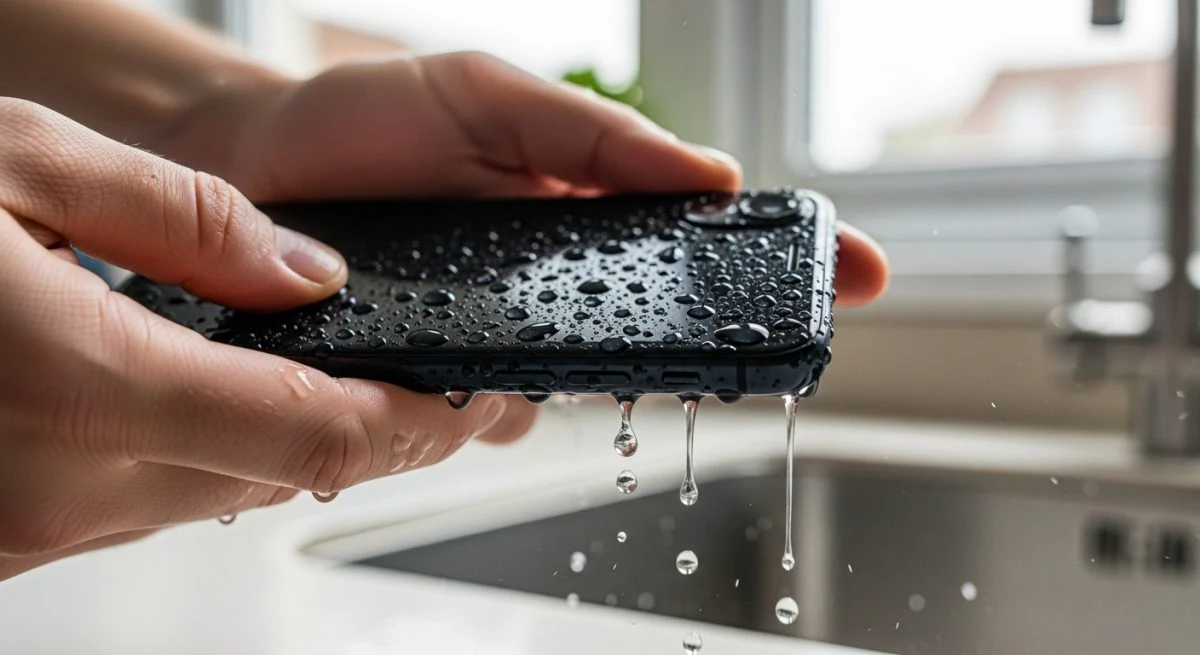Manos sosteniendo teléfono mojado con gotas de agua brillando