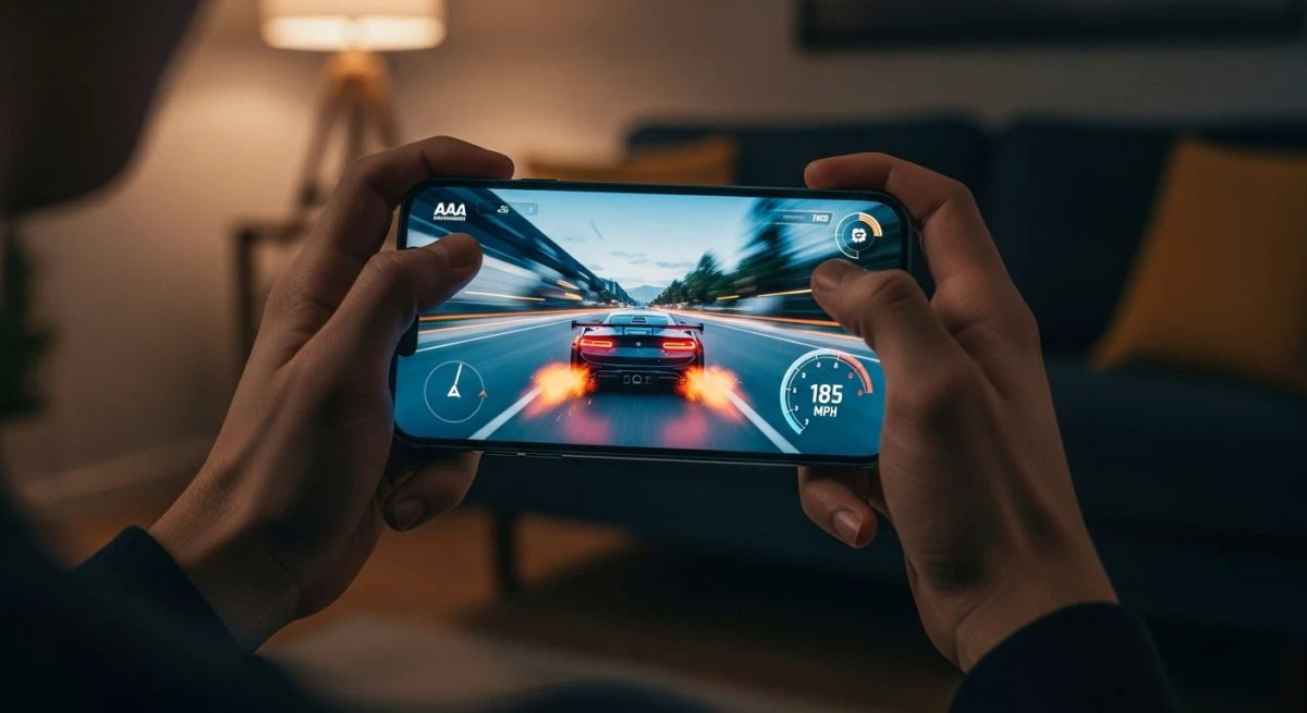 Manos sosteniendo un iPhone 13 jugando un videojuego de carreras
