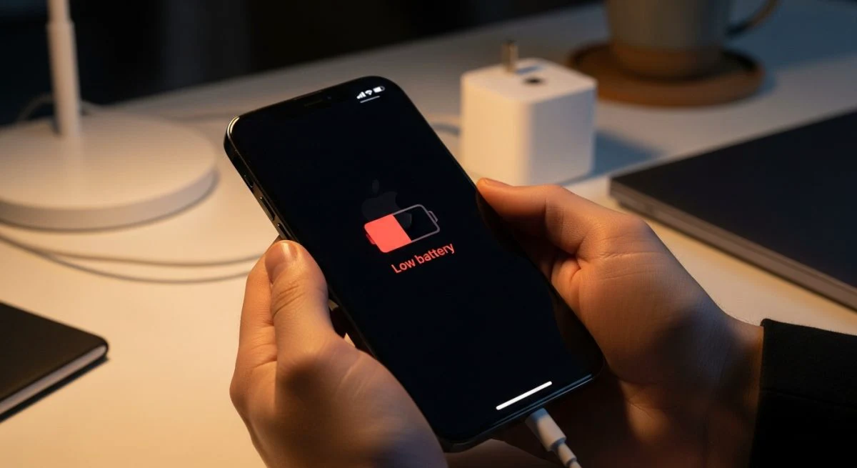 Manos sosteniendo un iPhone con bajo nivel de batería y logo de Apple