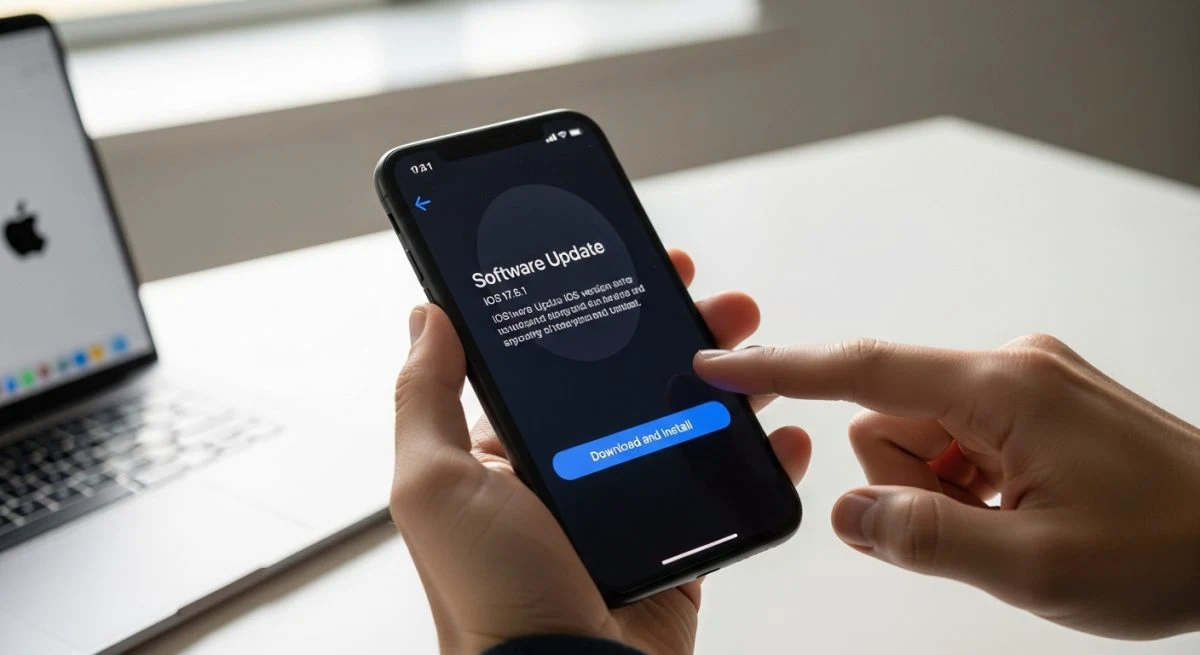 Manos sosteniendo un iPhone con pantalla de actualización iOS Apple