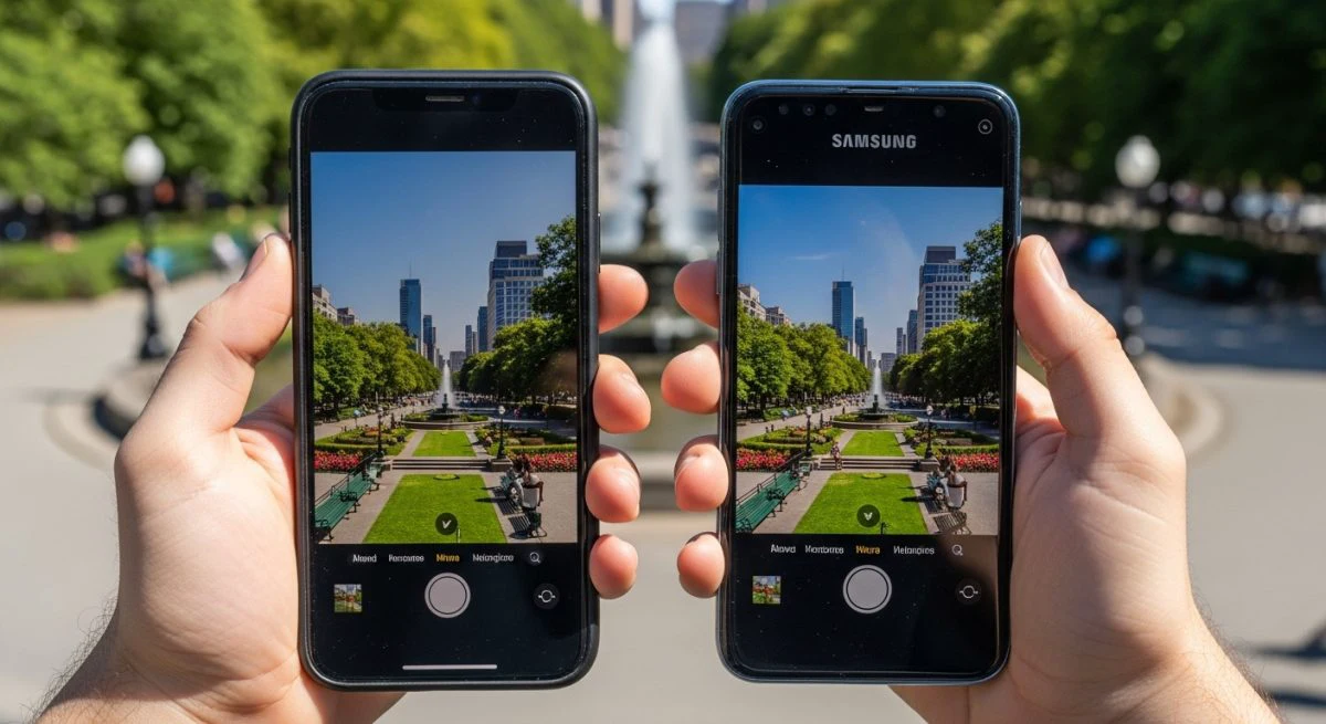 Manos sosteniendo un iPhone y un Samsung comparando cámaras