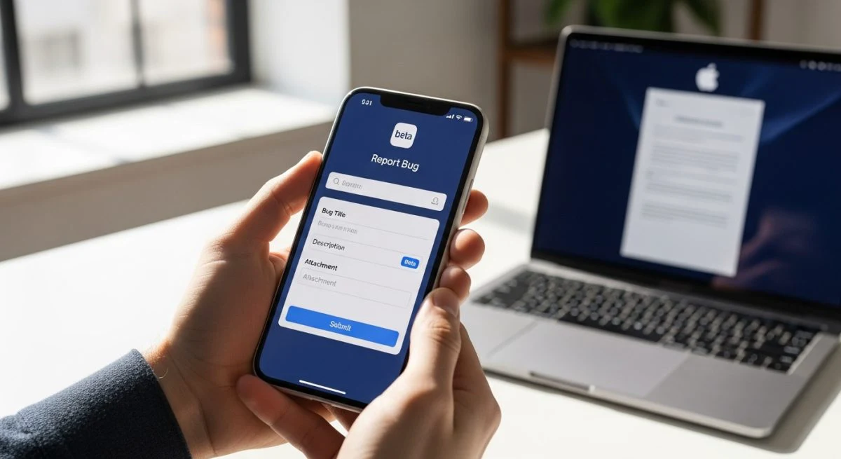Manos sosteniendo un nuevo iPhone con interfaz de reportar bug