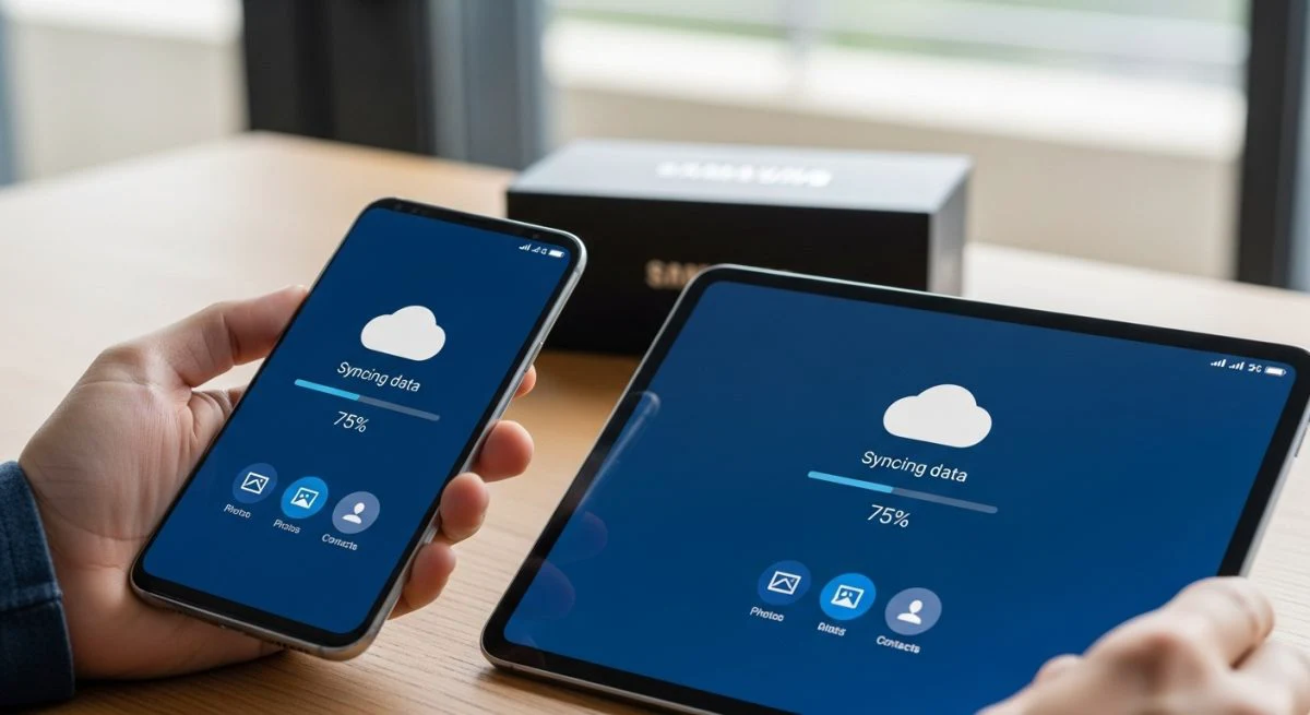 Manos sosteniendo un Samsung Galaxy junto a una tablet Samsung