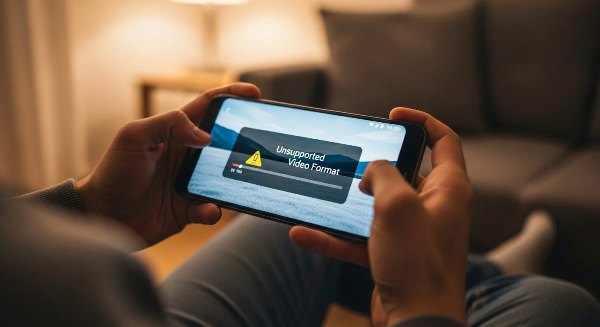 Manos sosteniendo un smartphone Android frustradas por error de video