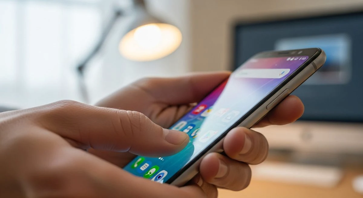 Manos sosteniendo un smartphone Android intentando reiniciarlo forzosamente