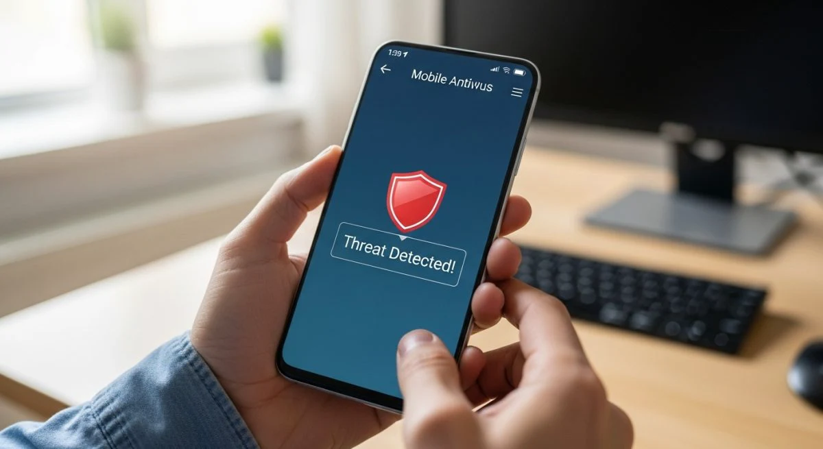 Manos sosteniendo un smartphone Android mostrando alerta de amenaza