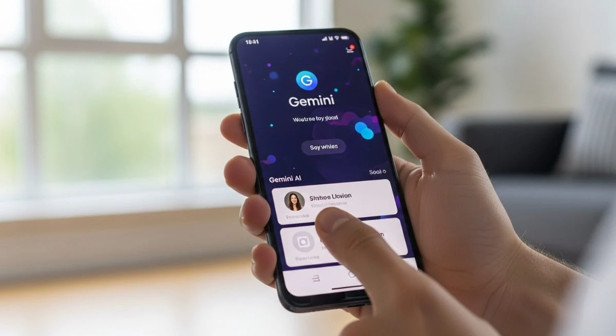 Manos sosteniendo un smartphone Android mostrando la aplicación Gemini