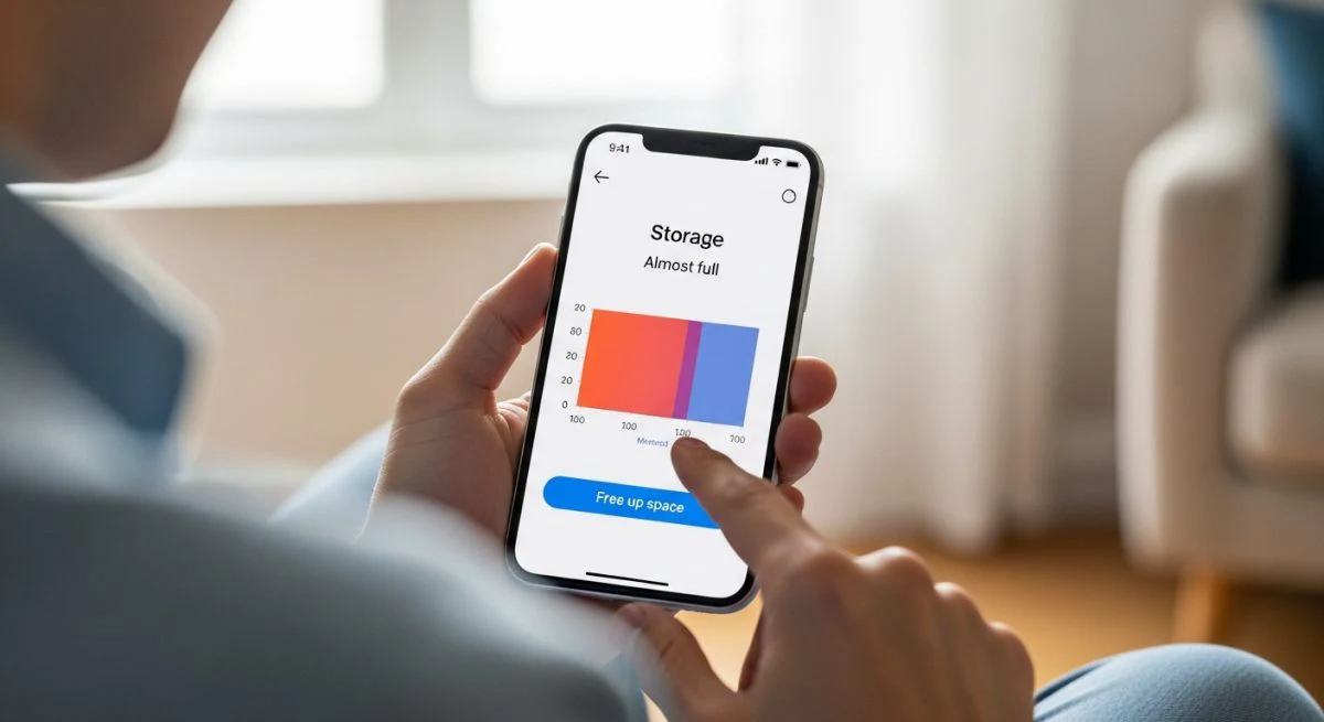 Manos sosteniendo un smartphone con configuración de almacenamiento en pantalla