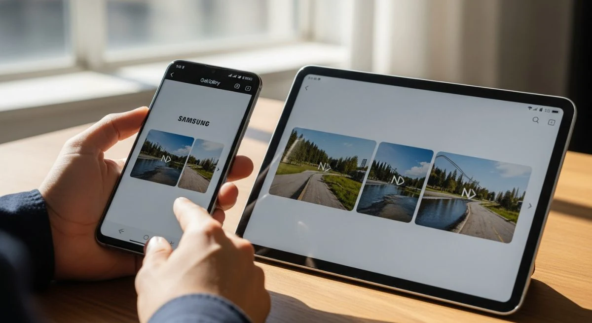 Manos sosteniendo un smartphone Samsung Galaxy junto a una tablet Samsung