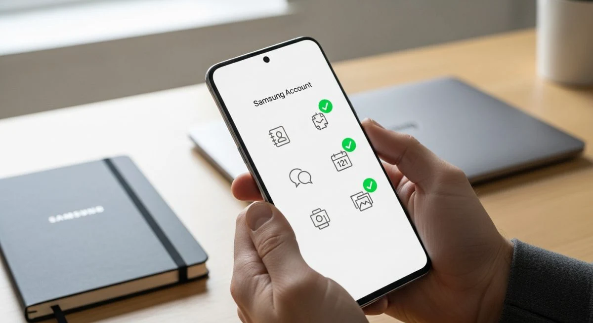 Manos sosteniendo un smartphone Samsung Galaxy mostrando ajustes de cuenta