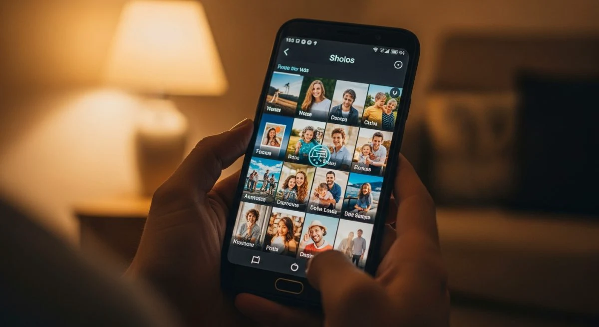 Manos sosteniendo un smartphone Samsung mostrando fotos de recuerdos