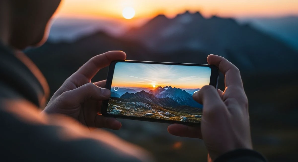 Manos sosteniendo un smartphone Xiaomi con foto de atardecer montañoso
