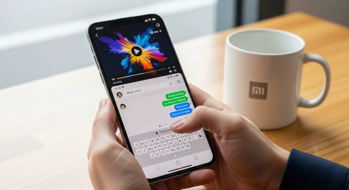 Manos sosteniendo un smartphone Xiaomi usando la función de pantalla dividida