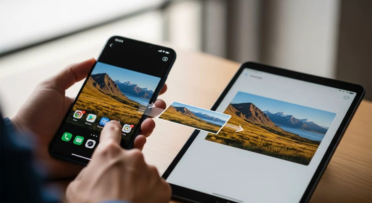 Manos sosteniendo un smartphone y una tablet Xiaomi en escritorio