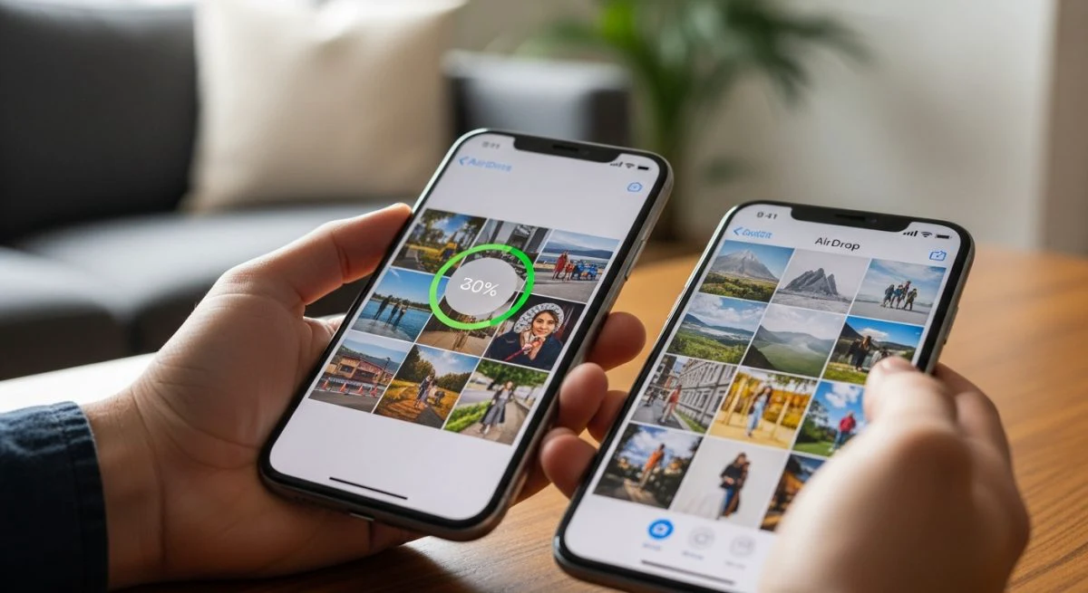 Manos transfiriendo fotos entre dos iPhones con logo de Apple