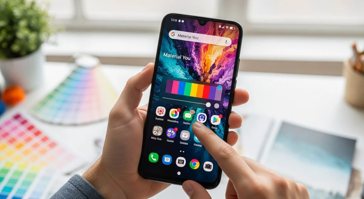 Manos usando función Material You en Android smartphone moderno