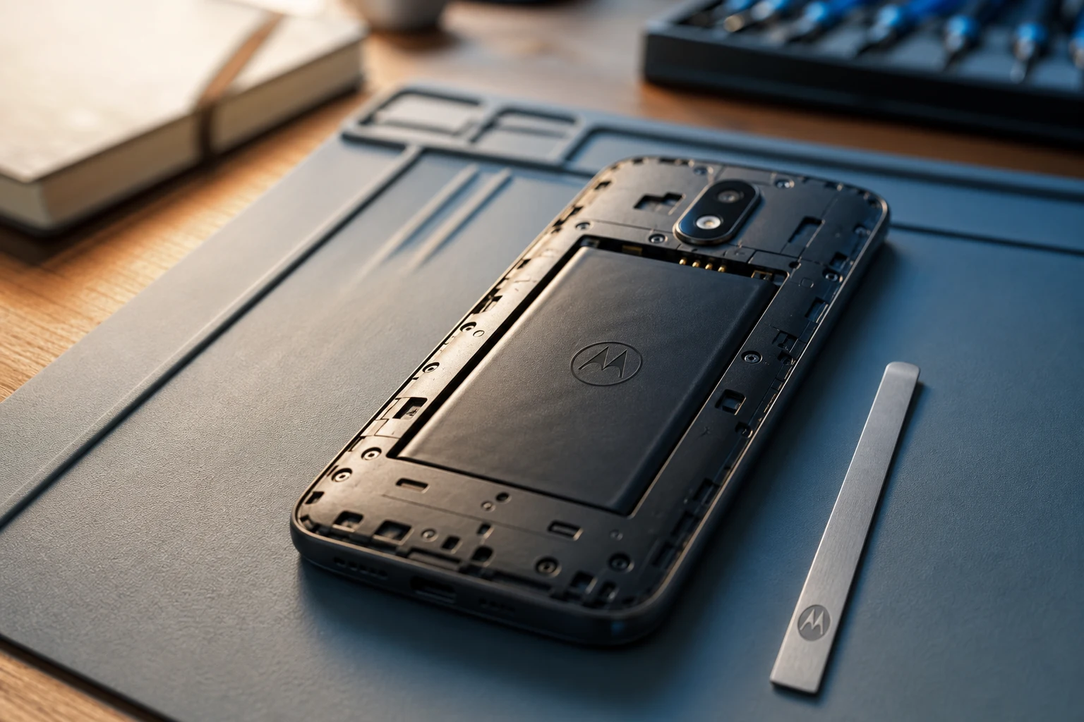 Motorola smartphone con tapa trasera abierta y espátula con M